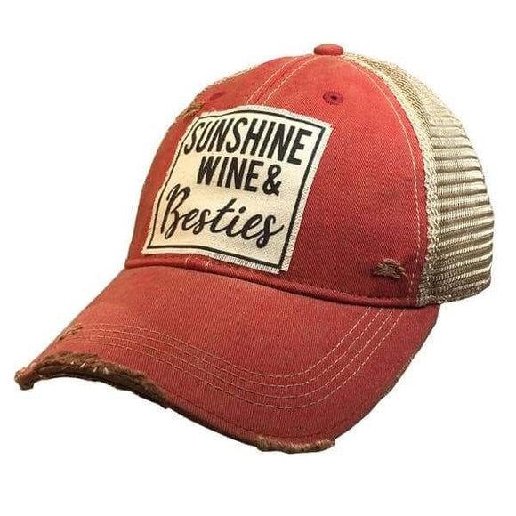 Baseball Hats - Sunshine Wine and Besties Distressed Trucker Cap -  - Cultured Cloths Apparel