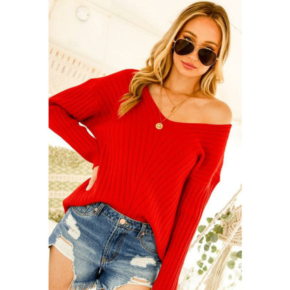 Women's Sweaters - Textured V-Neck Knit Sweater Top with Drop Shoulder - Red - Cultured Cloths Apparel