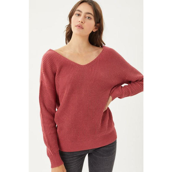 Women's Sweaters - Twisted Back Metallic Sweater Top - Terra Cotta - Cultured Cloths Apparel