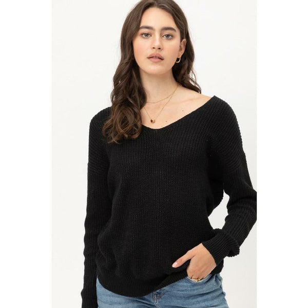 Women's Sweaters - Twisted Back Metallic Sweater Top - Black - Cultured Cloths Apparel