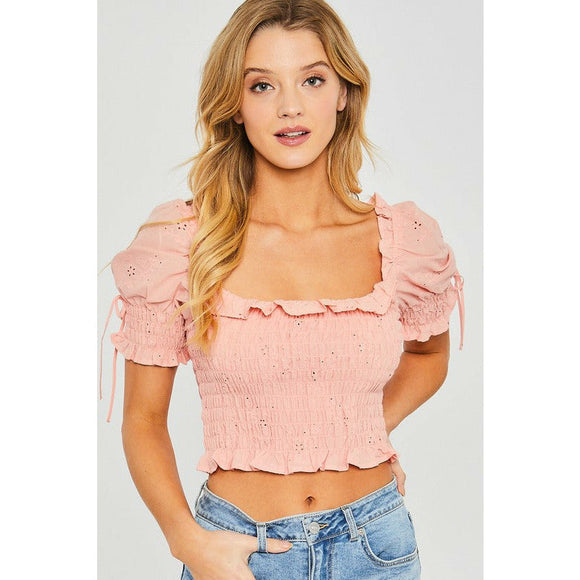 Women's Short Sleeve - Woven Solid Smocked Puff Sleeve Crop Top - Peach - Cultured Cloths Apparel